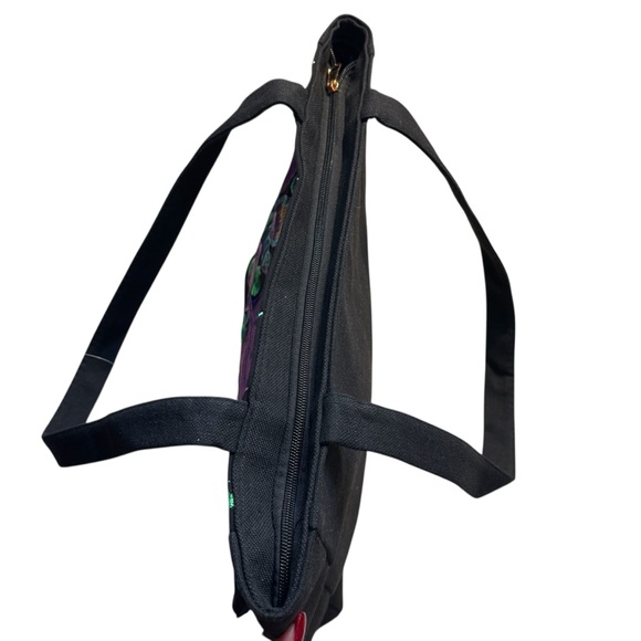 NEW Tote Bag Black Canvas Embroidered Floral Birds Purple Green Teal Zippered - Picture 9 of 16